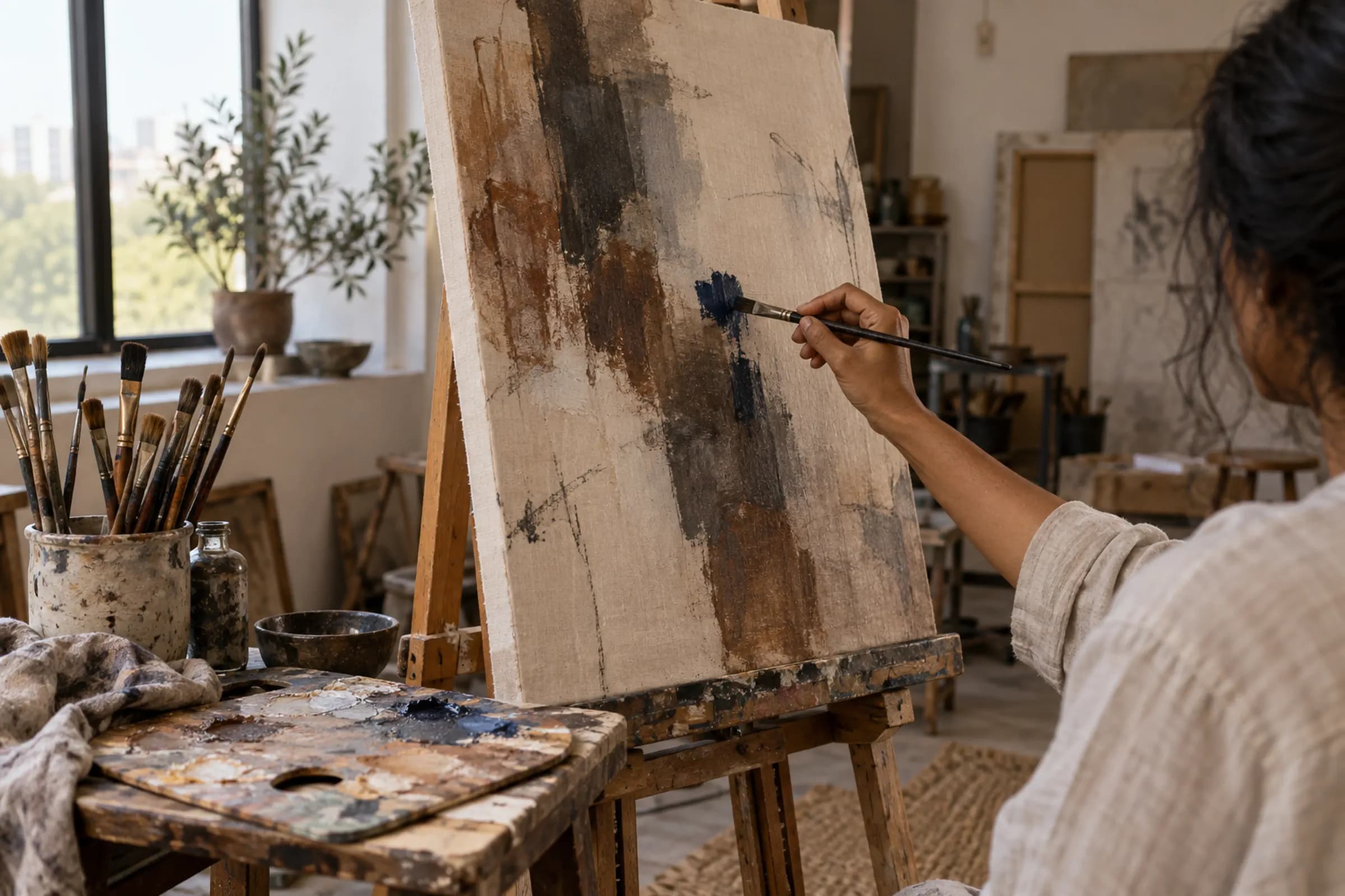 A painter's hand adding a stroke of blue to an unfinished canvas on a wooden easel, with brushes and a palette in window light.