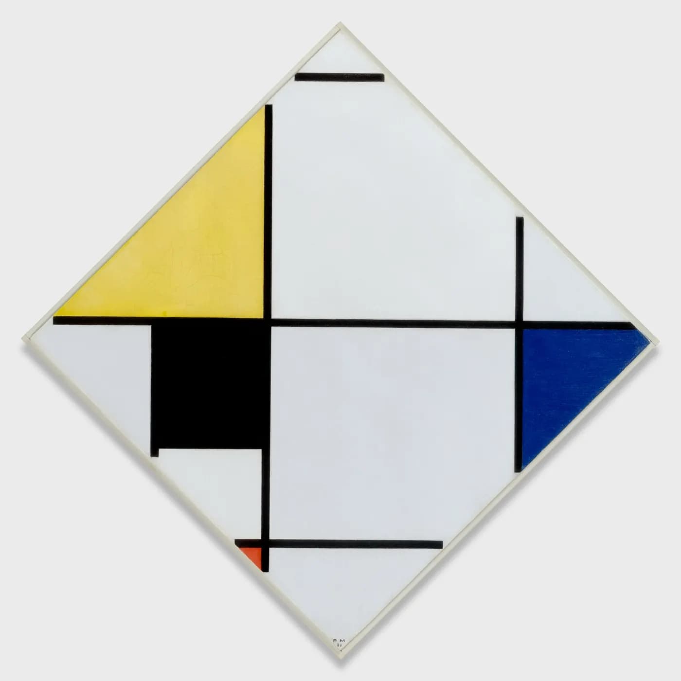 A square white tile, rotated 90 degrees, crossed by black lines intersecting at 90-degree angles. A few of the shapes thus formed—some partial squares, some rectangles—are colored in a single shade of yellow, blue, black, or red.