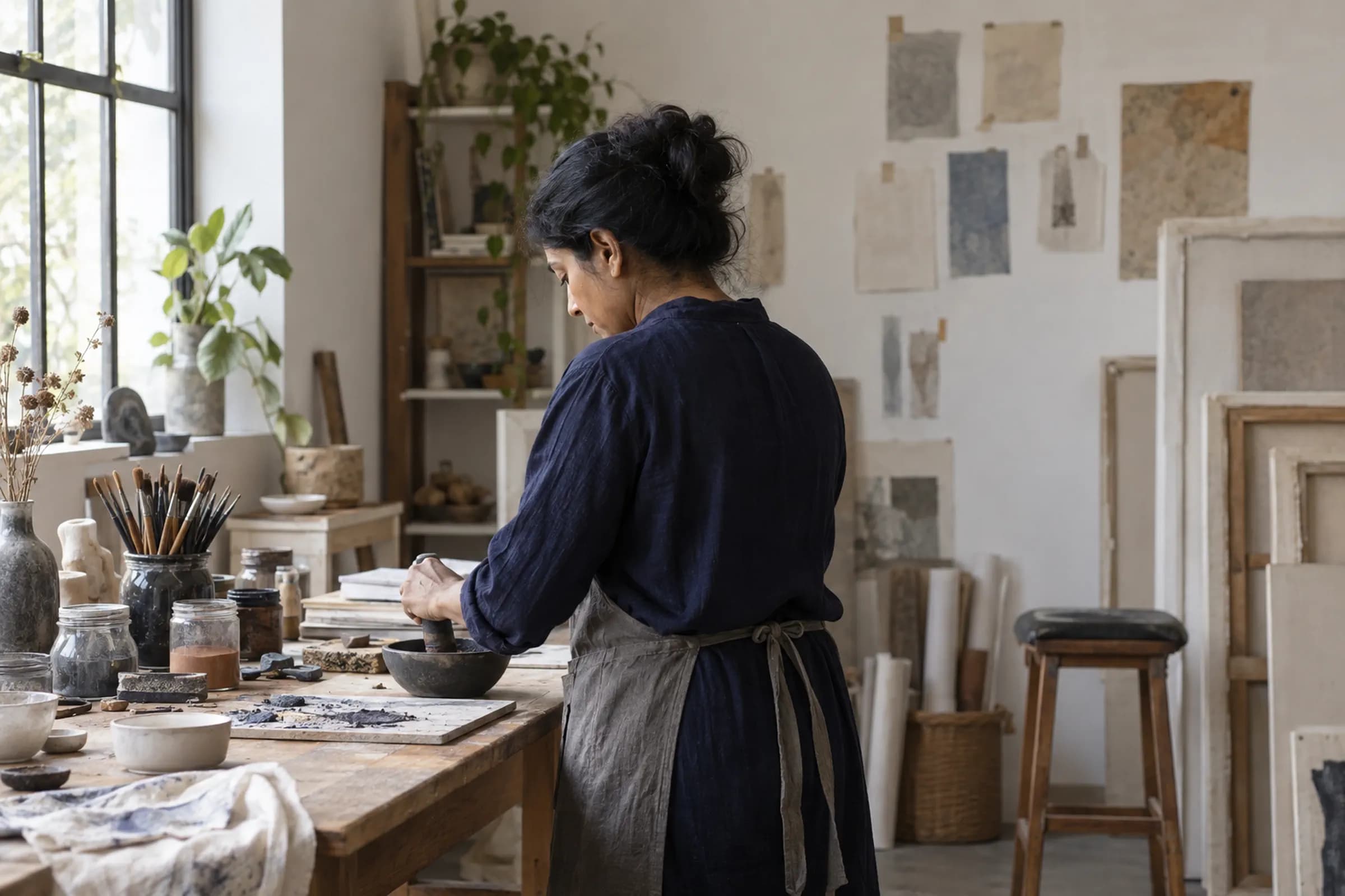 A woman in an apron grinding pigment at a long studio table, works on paper pinned to the wall behind her.