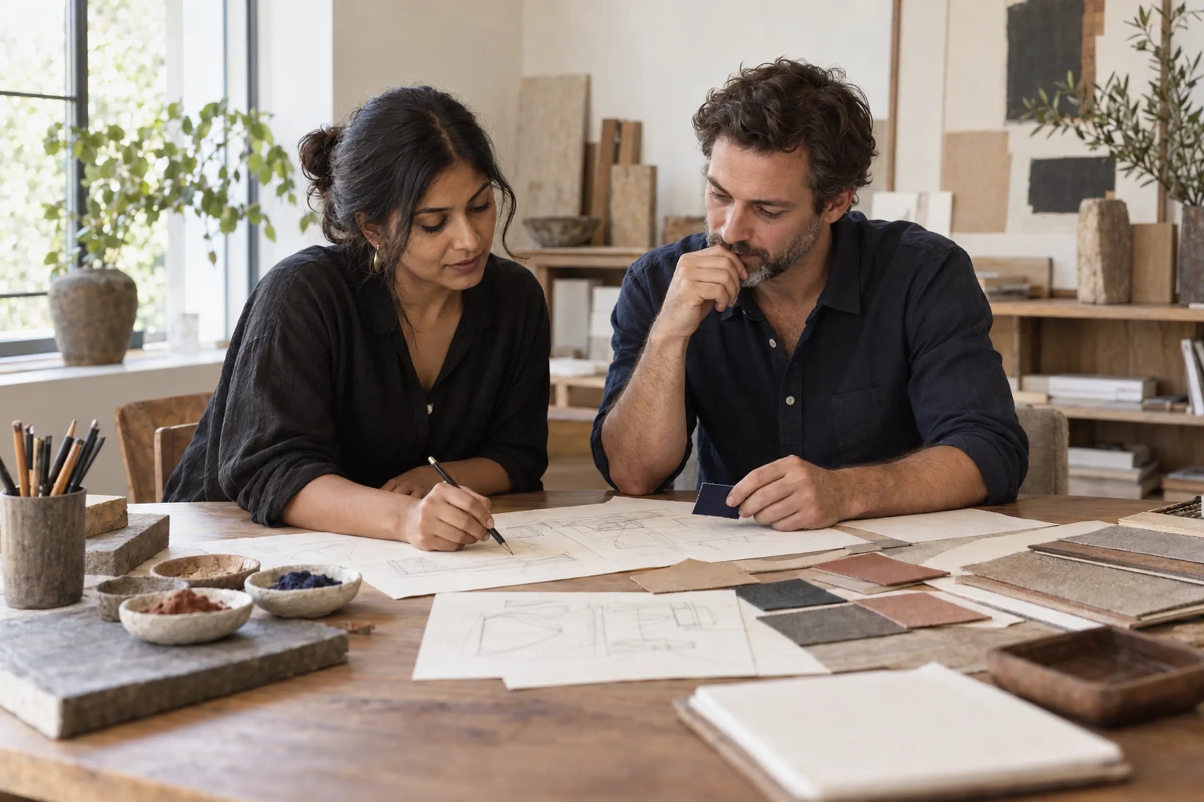 Two people at a wooden table going over pencil sketches, material samples and bowls of pigment.