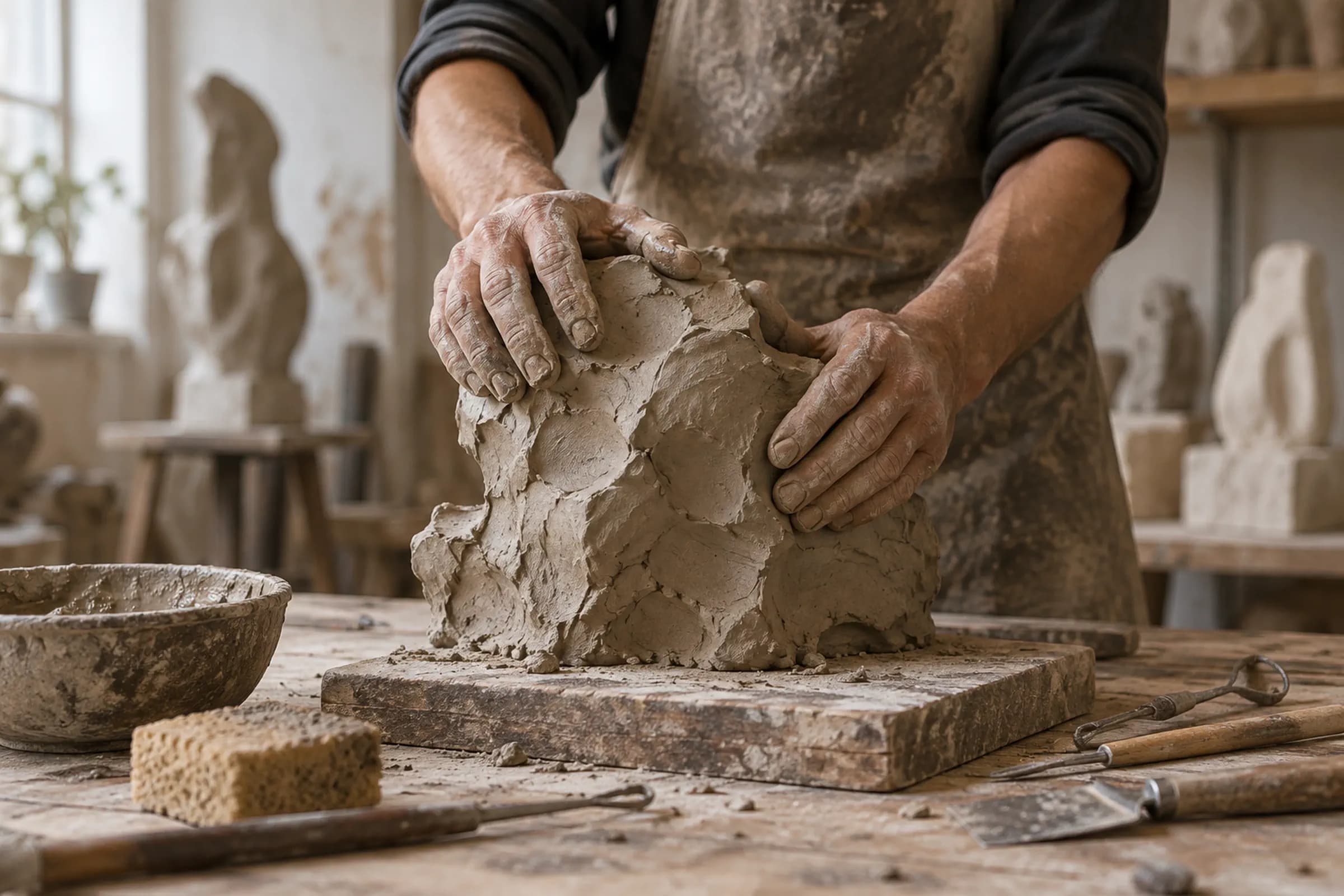 Two hands pressing and shaping a block of clay on a wooden board in a sculpture studio.