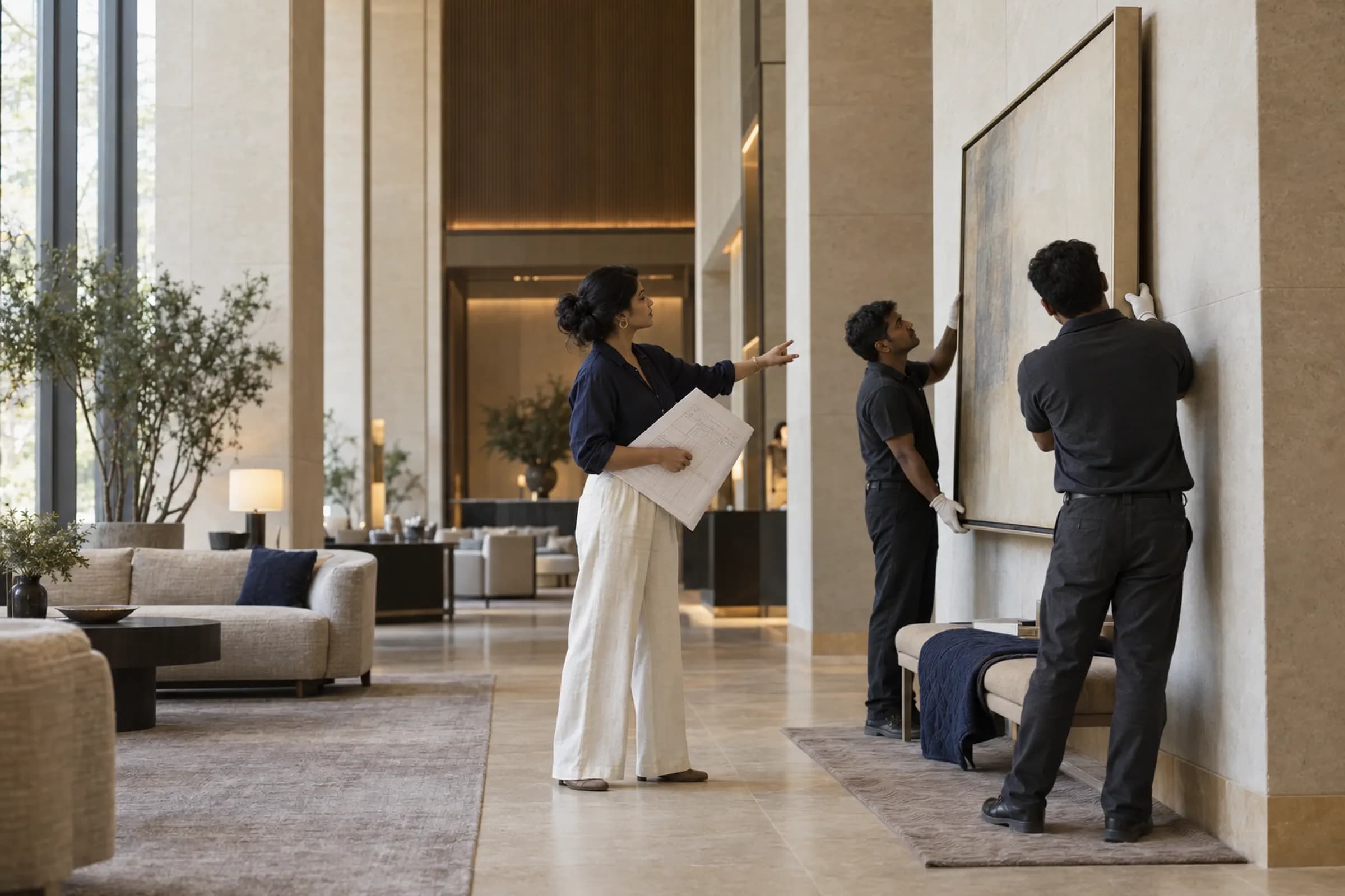 In a stone-clad lobby, a woman holding a drawing directs two handlers in gloves as they hang a large artwork.