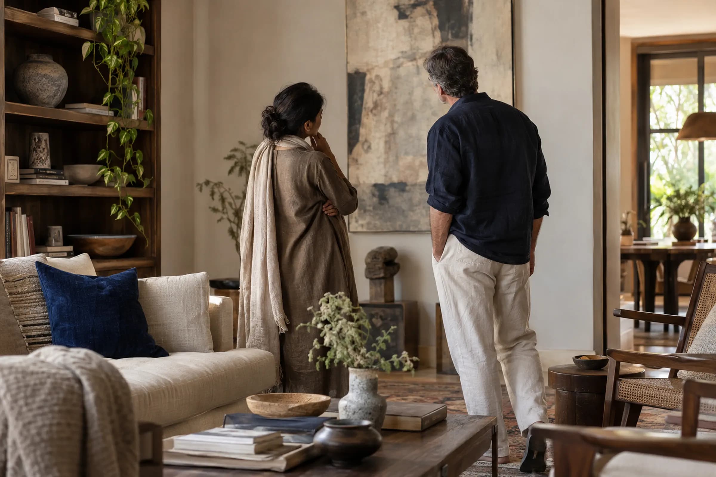 Two people standing in a warm, lived-in living room, looking at a large abstract painting on the wall.